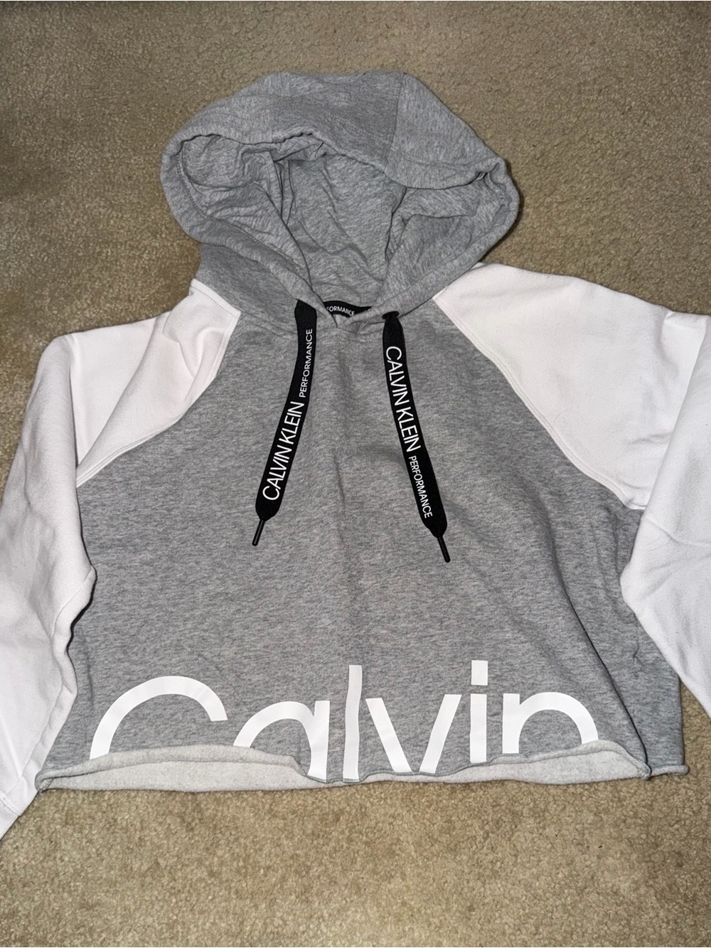 Calvin Klein Gray & White Cropped Hoodie with Logo Drawstrings